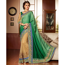 Enchanting Beige Colored Embroidered Chiffon Net Saree 